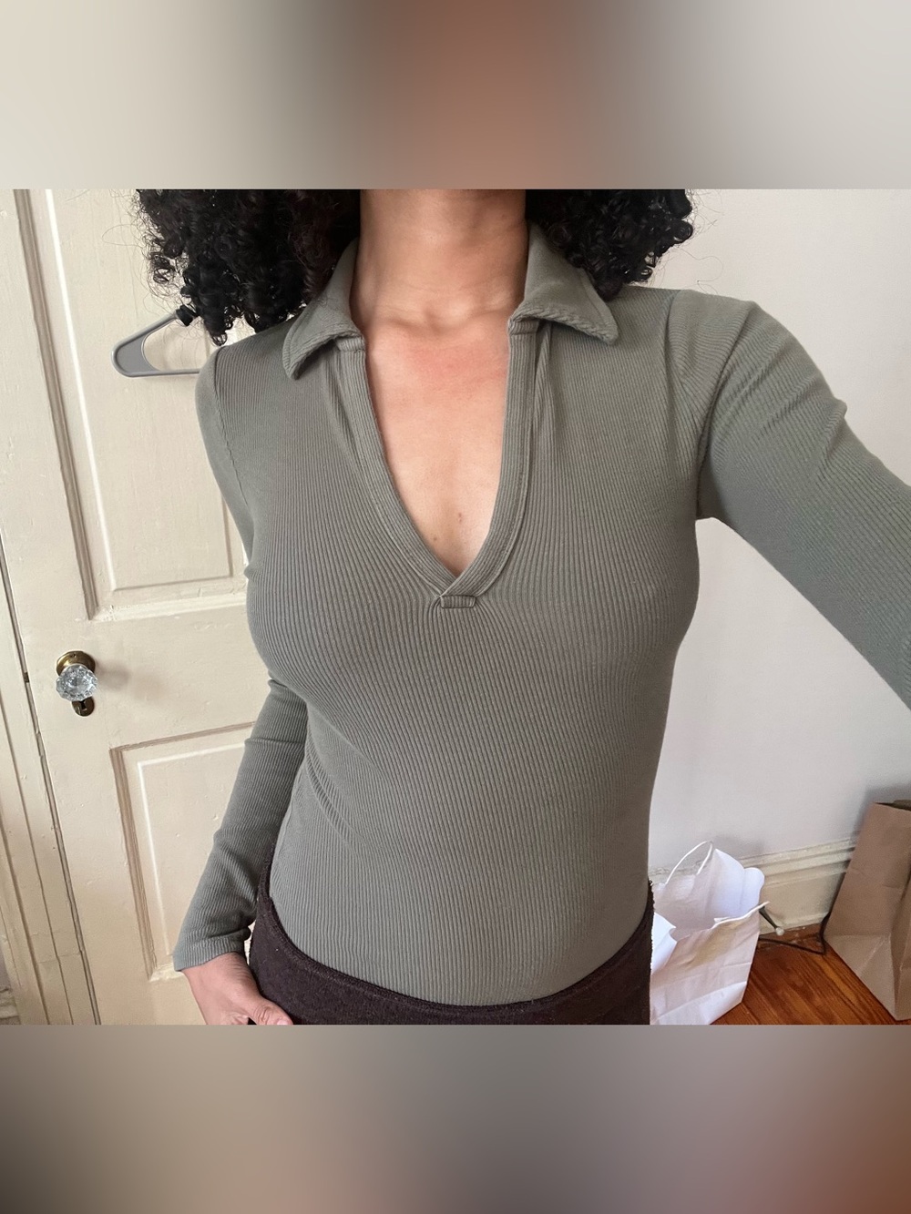Abercrombie & Fitch Olive Ribbed Deep V Polo Long-Sleeve Top